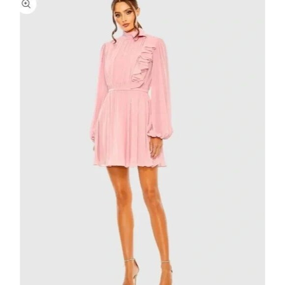MAC DUGGAL WOMEN'S PINK DRAPED HIGH NECK LONG SLEEVED MINI DRESS SZ 4 NWT $298 - Picture 3 of 6